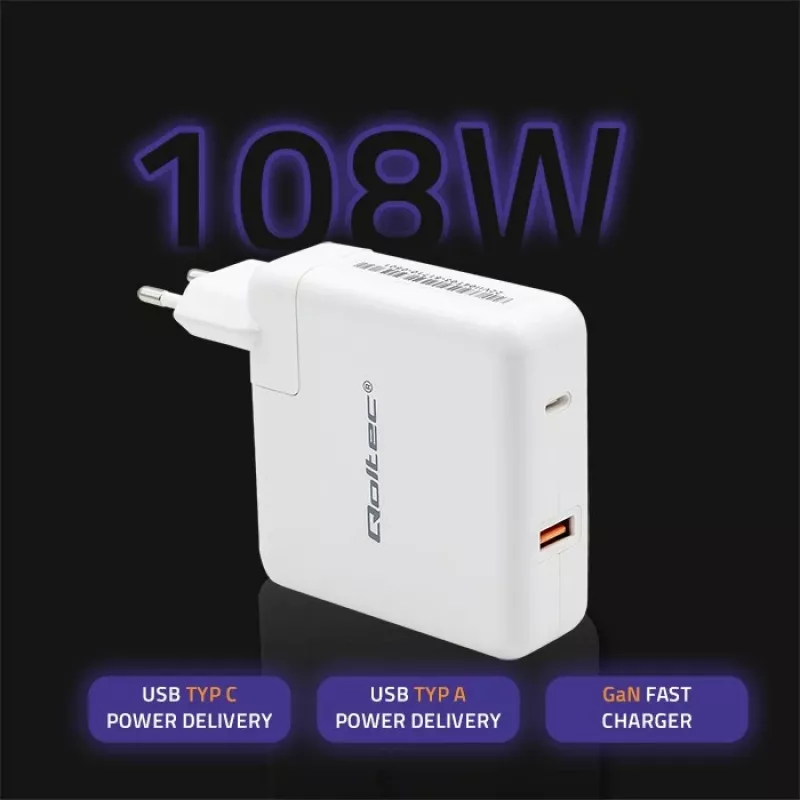 Carregador GaN Qoltec FAST 108W | 5-20V | 3-4.7A | USB C | branco