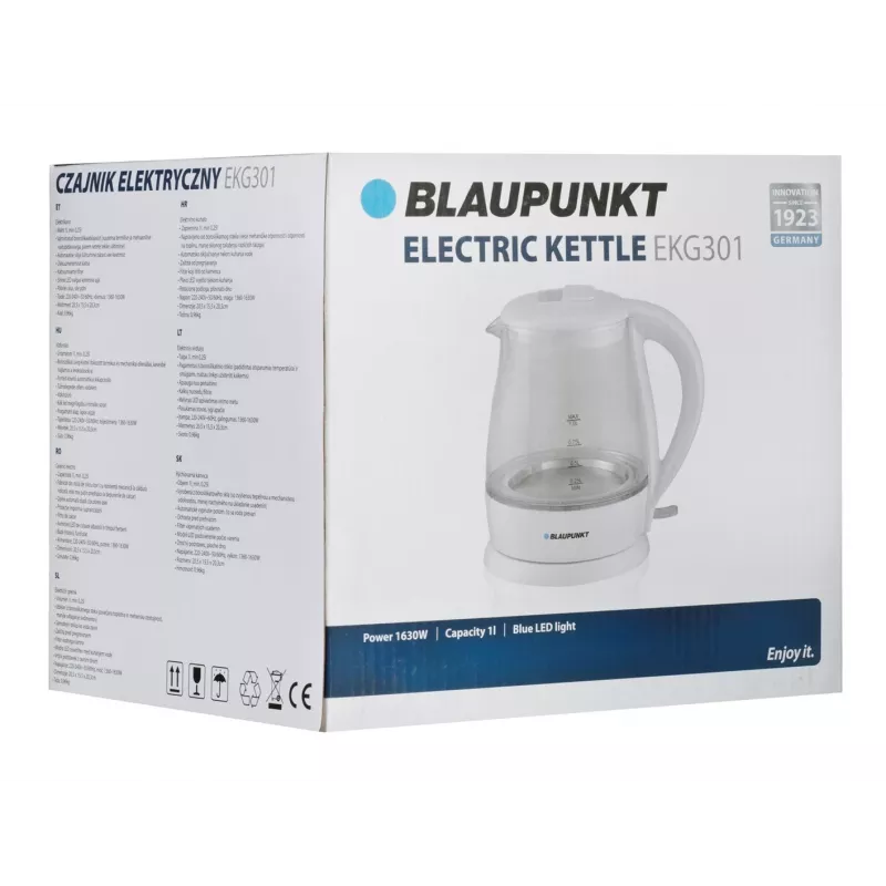 Chaleira elétrica BLAUPUNKT 1 L 1630 W branca — corpo de vidro, base de 360°, abertura por botão