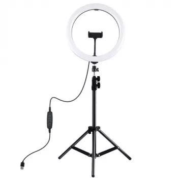 Anel de luz LED 30 cm com tripé até 1,1 m e suporte para telemóvel, USB