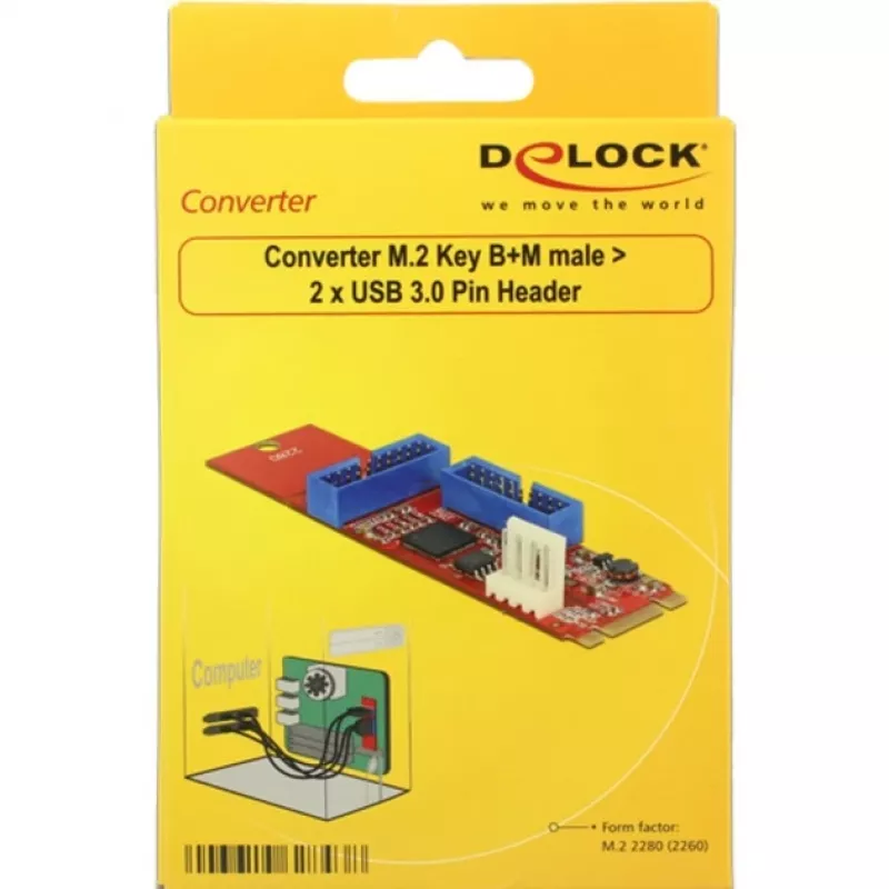 Delock Conversor M.2 Key B+M Macho > 2 x USB 3.0 Barra de pinos - Adaptador USB - Placa M.2 - USB 3.0 (interno) x 2 (62843)