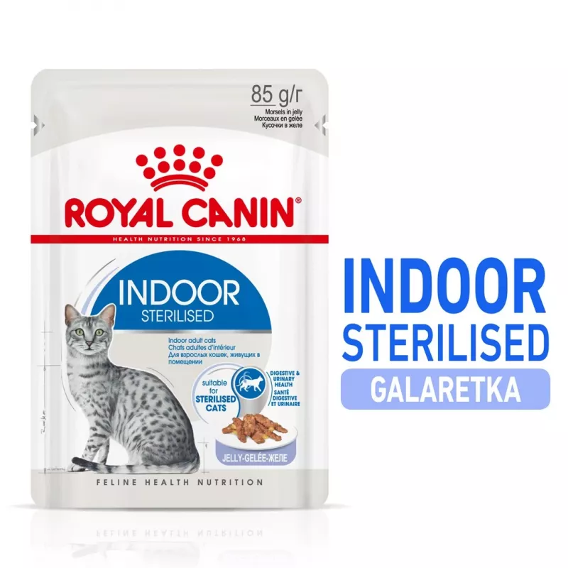 Comida húmida para gatos Royal Canin Indoor Sterilized 85 g saqueta — gatos adultos esterilizados de interior, sabor a aves, pack de 12 x 85 g