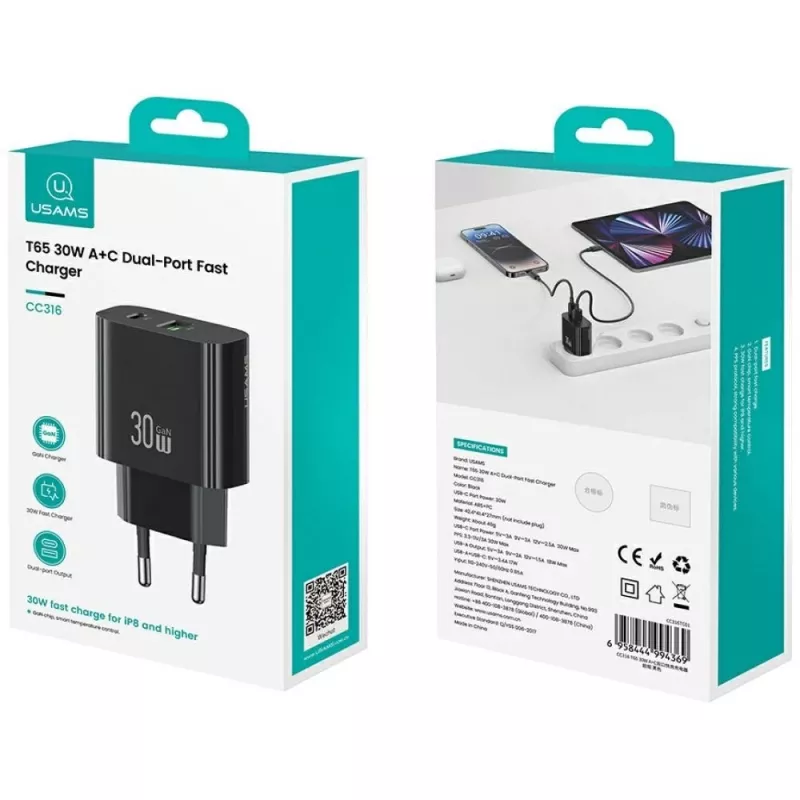 Carregador USAMS USA001631 30W com 1x USB-C e 1x USB-A carregamento rápido
