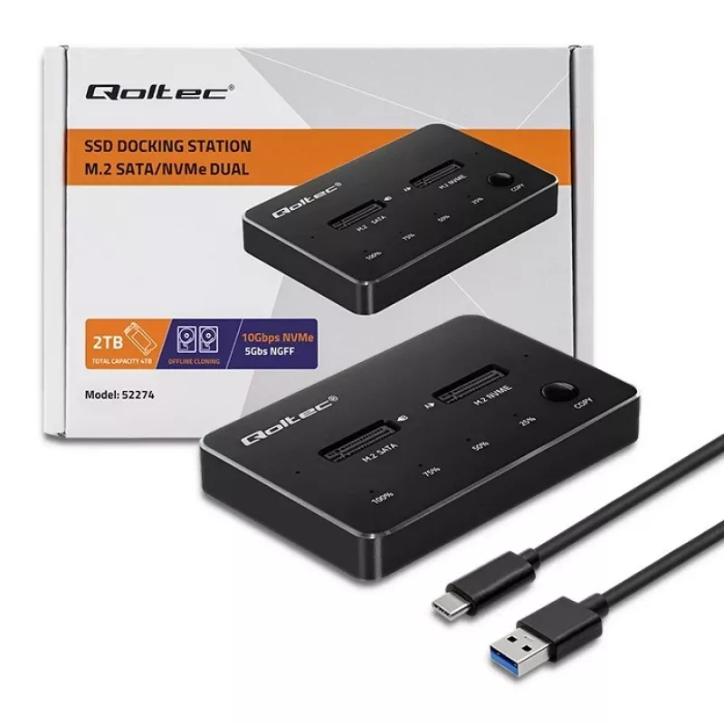 Qoltec 52274 Dock para SSD M.2 | NVMe | SATA | USB-C | DUAL 2 x 2TB