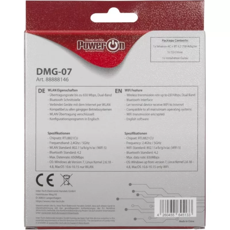 Inter-Tech DMG-07 – sem fios – USB – WLAN / Bluetooth – Wi-Fi 5 (802.11ac) – 650 Mbit/s – preto (88888146)