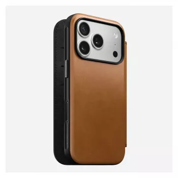 Capa tipo carteira Nomad Modern Leather Folio para iPhone 17 Pro, pele + alumínio, 6,3 polegadas (16 cm), tan, 3 compartimentos para cartões