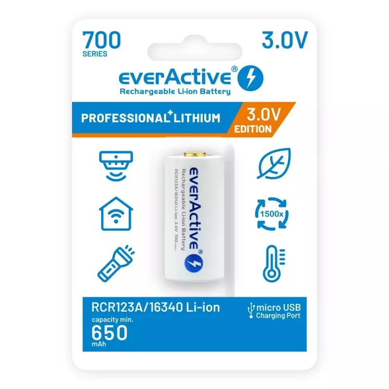 Bateria recarregável everActive EV16340 700mAh 3V com função de carregamento Micro-USB