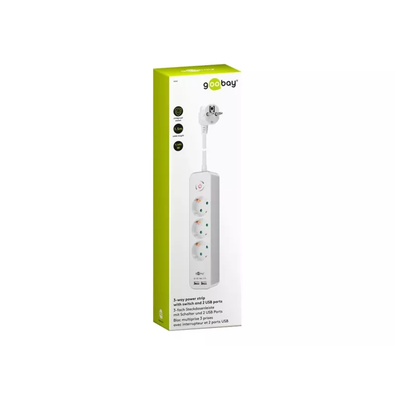 Tomada múltipla Goobay 3 tomadas com interruptor e USB, cabo de 1,5m, tipo F