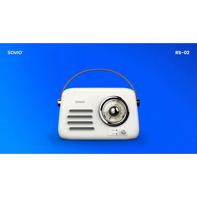 Rádio portátil SAVIO RS-02 — sintonizador FM analógico, Bluetooth 5.3, alimentação USB, 3 W, branco