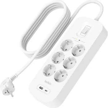 Proteção contra sobretensões Belkin SRB002VF2M-V2 — 6 tomadas, cabo de 2 m, portas USB-C e USB-A