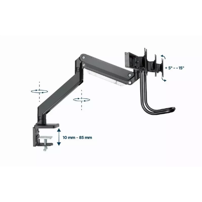 Suporte de monitor de secretária GEMBIRD MA-DA3-03, 3 braços, mola a gás, VESA 75–100x100, suporta 3 ecrãs até 27 polegadas, máx. 18 kg, preto