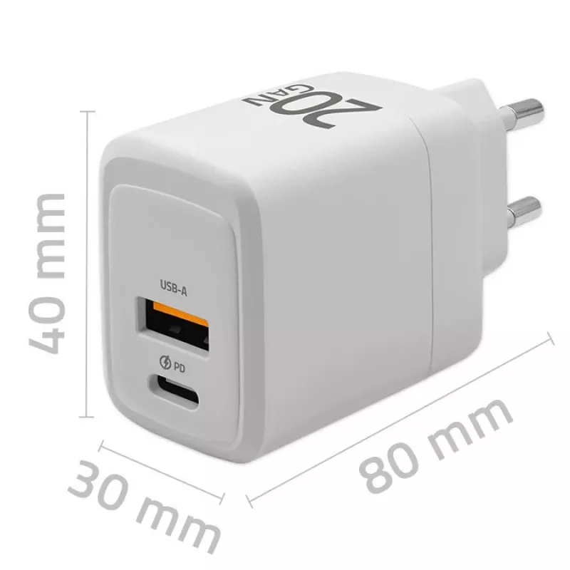 Carregador GaN QOLTEC 51823 20W fonte USB, saída 5V/20V