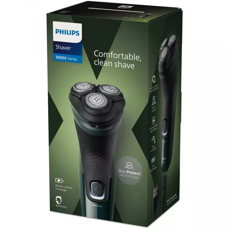 Máquina de barbear rotativa elétrica Philips 3000X Series X3002/00 – máquina de barbear de 3 cabeças húmido e seco, sem fios, bateria NiMH, 40 minutos de autonomia