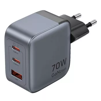 Carregador GaN Vention FEXH0-EU 70W — 2x USB-C + 1x USB-A, PD 70W, 100–240V