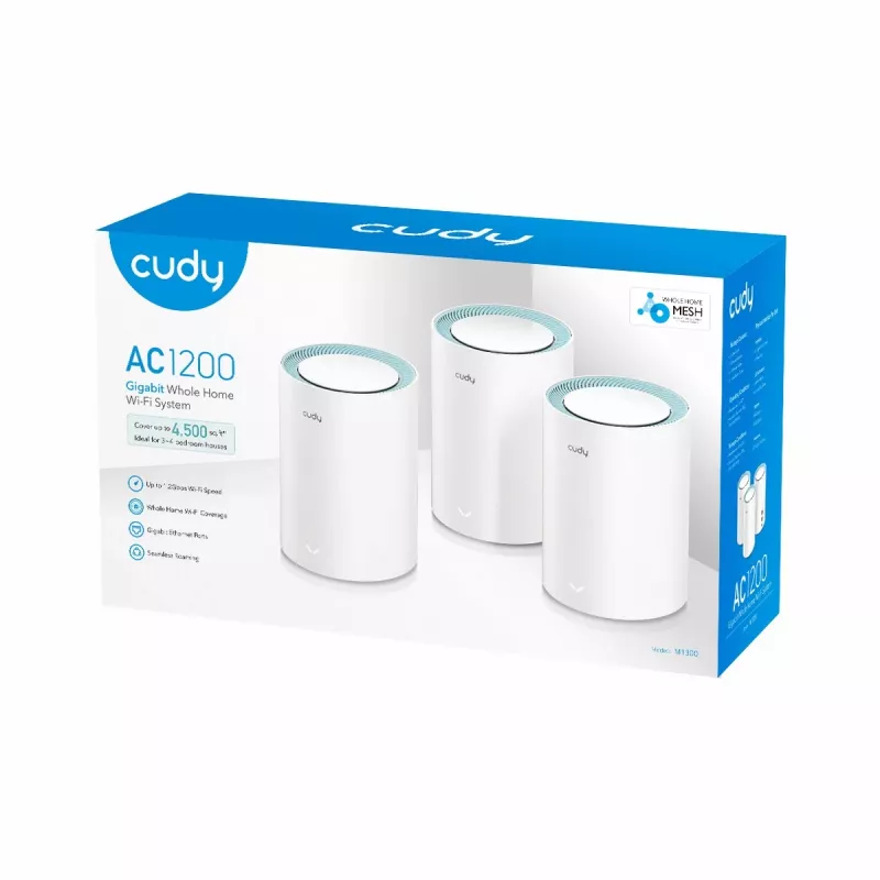 Cudy M1300 Pack de 3 Sistema Mesh Wi-Fi Dualband (2,4 GHz / 5 GHz) Wi-Fi 5 (802.11ac) Branco 1 Interno