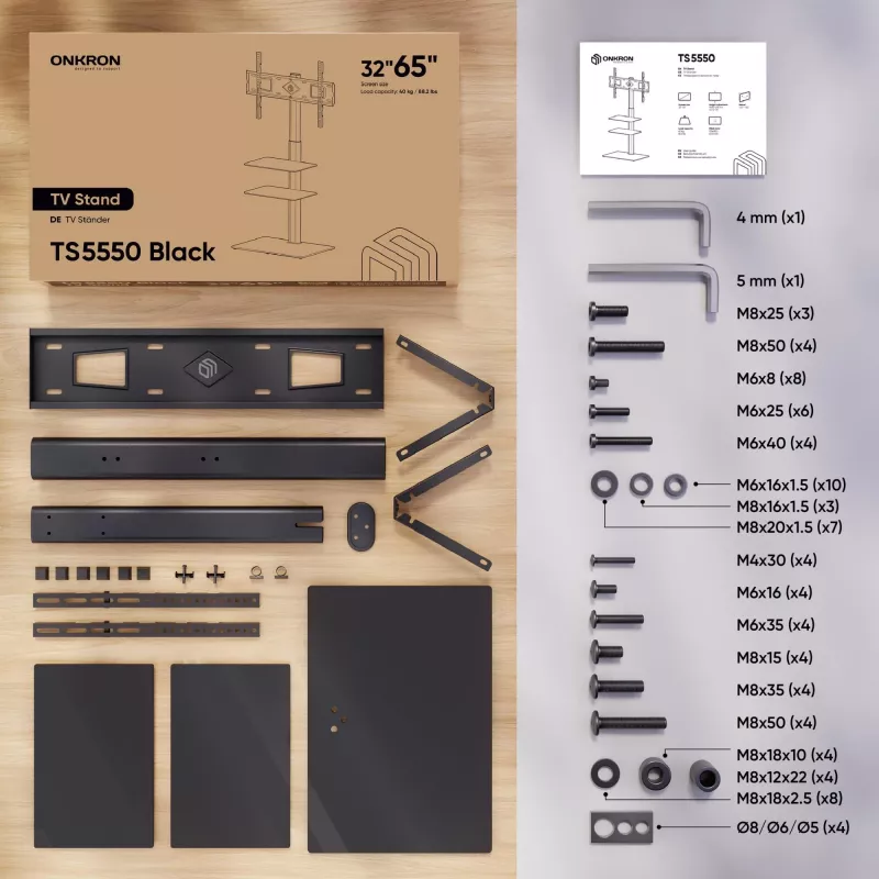 Base de TV ONKRON TS5550-B para 32–65 polegadas (81,3–165,1 cm), carga máx. 30 kg, VESA 100x100–600x400, altura 880–1080 mm, orientável ±25°