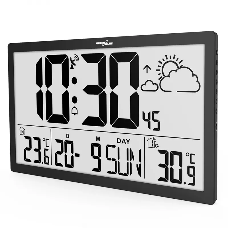 Relógio de parede GreenBlue GB218 — LCD extra grande, estação meteorológica, temperaturas interior/exterior, indicação de data
