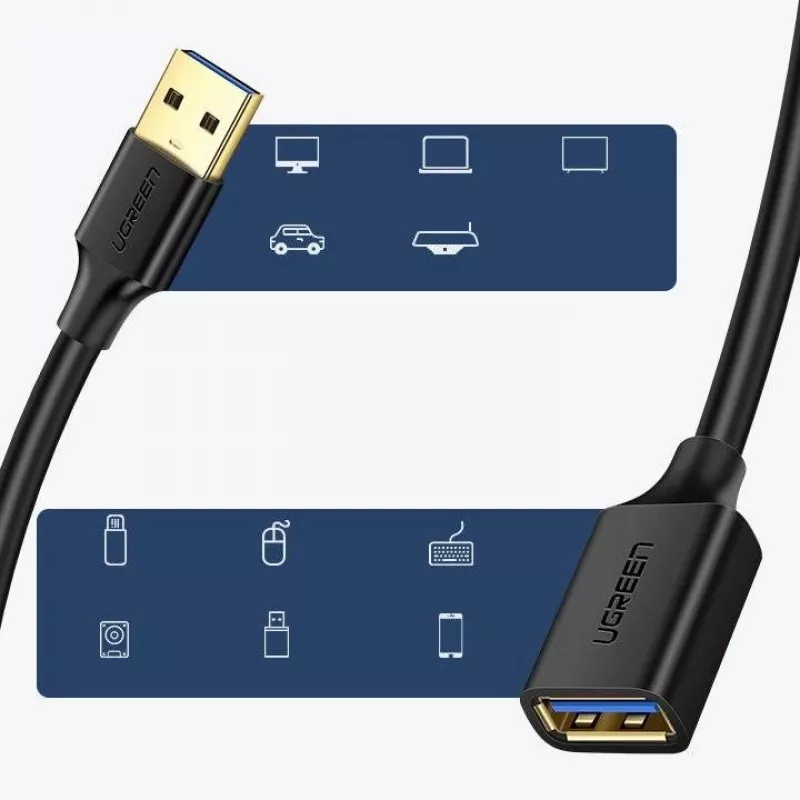 Adaptador de extensão USB 3.0 UGREEN 10368B — USB-A fêmea para USB-A macho, 1 m, preto