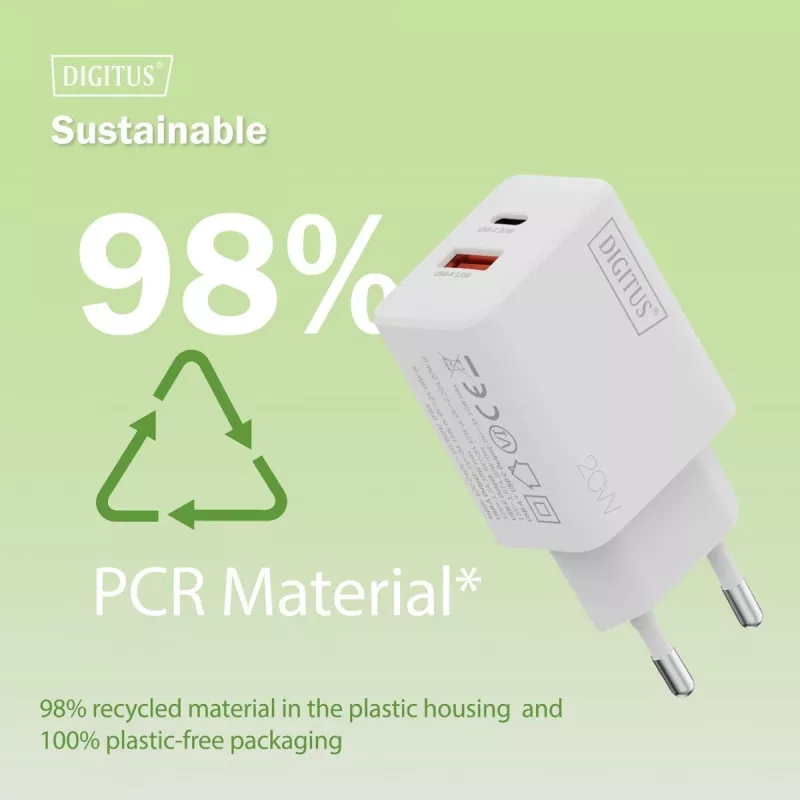 Carregador USB de parede DIGITUS 20W, 1x USB-C, 1x USB-A, entrada 100–240V, branco