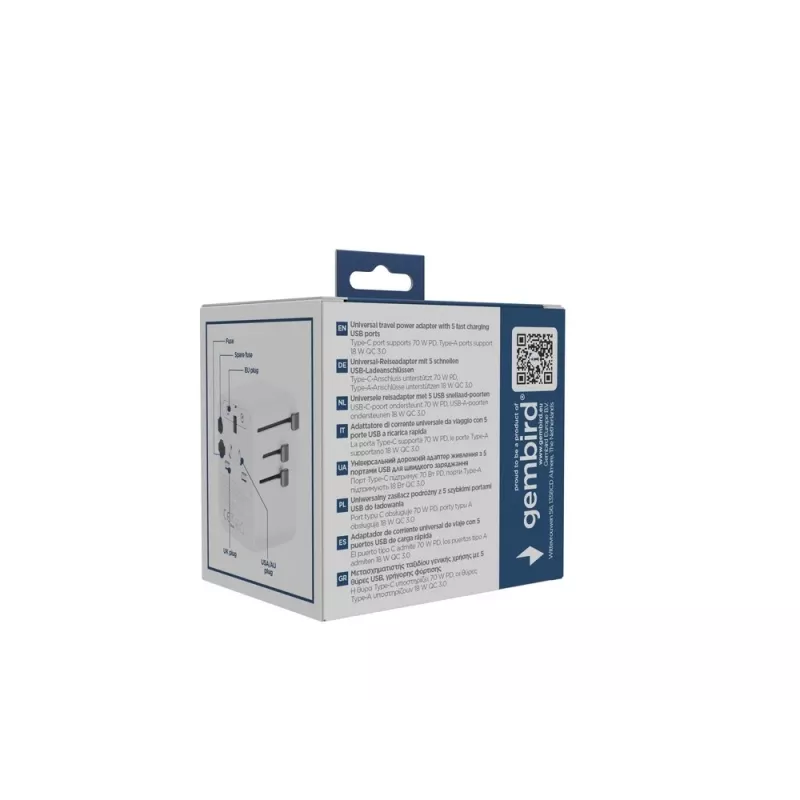 Gembird TPA-2A3C70-01-W adaptador de alimentação de viagem universal, 3x USB-C, 2x USB-A, 70 W, GaN, branco