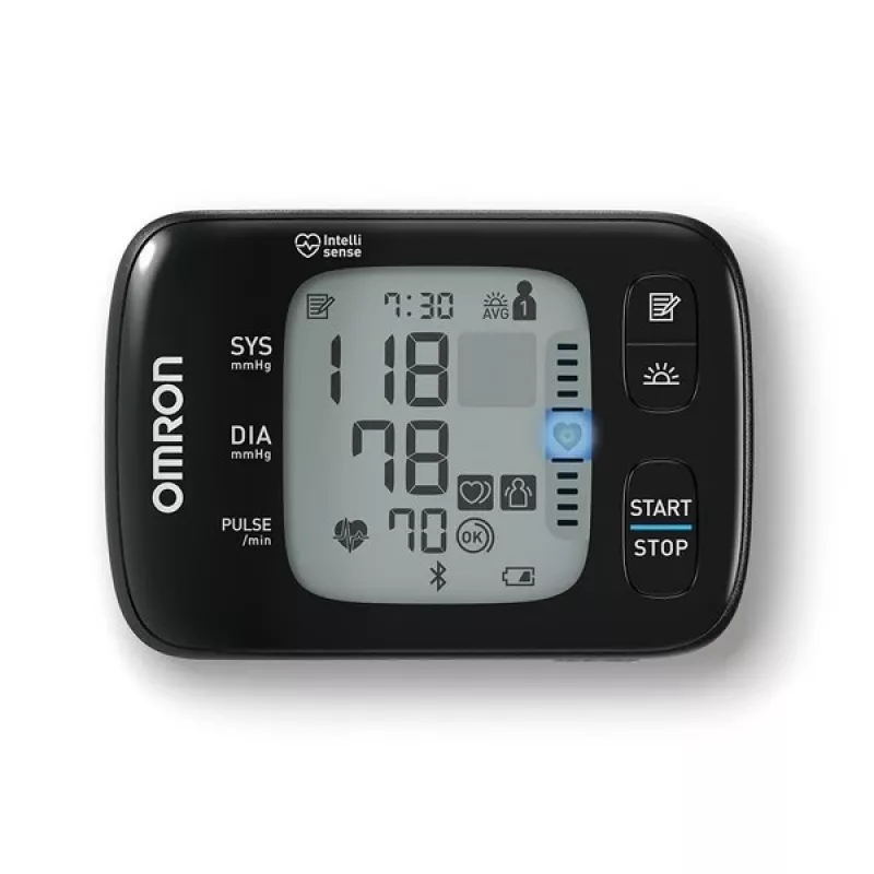 Medidor de tensão arterial de pulso Omron RS7 Intelli IT automático 2 utilizadores
