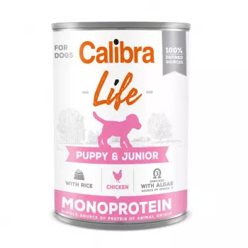 Comida húmida para cães Calibra Puppy & Junior frango com arroz 400 g – alimento completo para cachorros em crescimento, 78 % de humidade, 9,5 % de proteína, 7 % de gordura