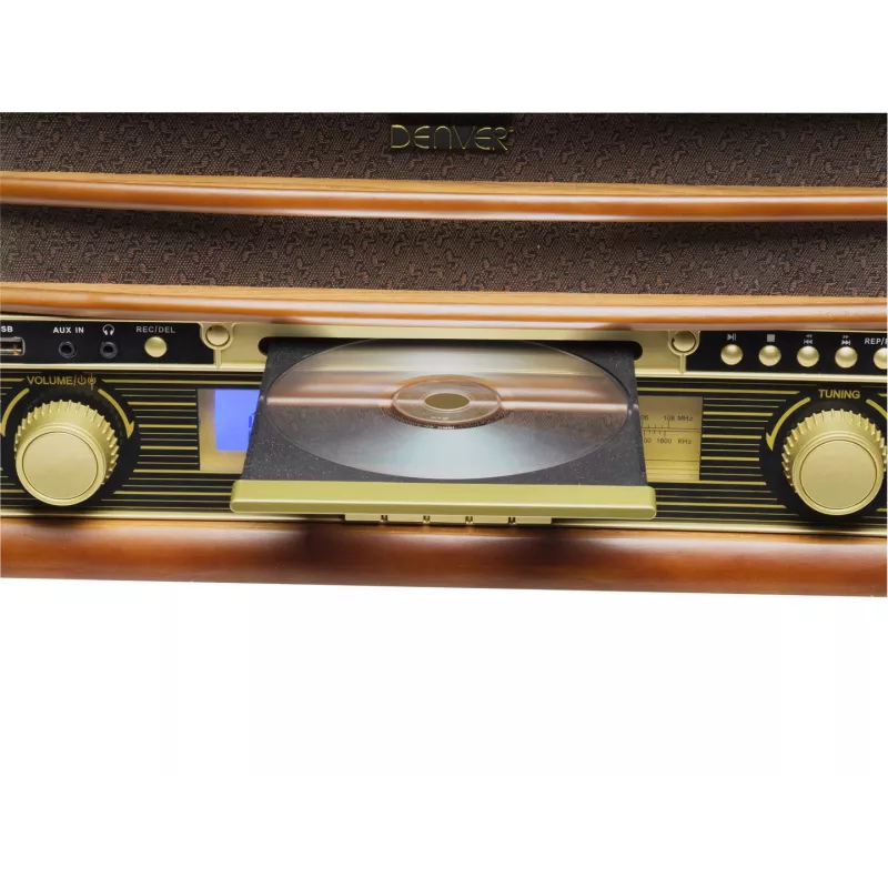 Denver MCR-50MK3 aparelhagem retro com gira-discos, CD/MP3, leitor de cassetes e rádio, 2 x 2,5 W, acabamento em madeira