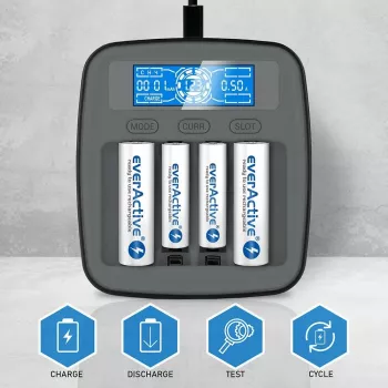 Carregador de baterias everActive NC1000MV2 – carregador Ni-MH 4 compartimentos USB-C, 4 células, 5V, preto, 110×99×38 mm