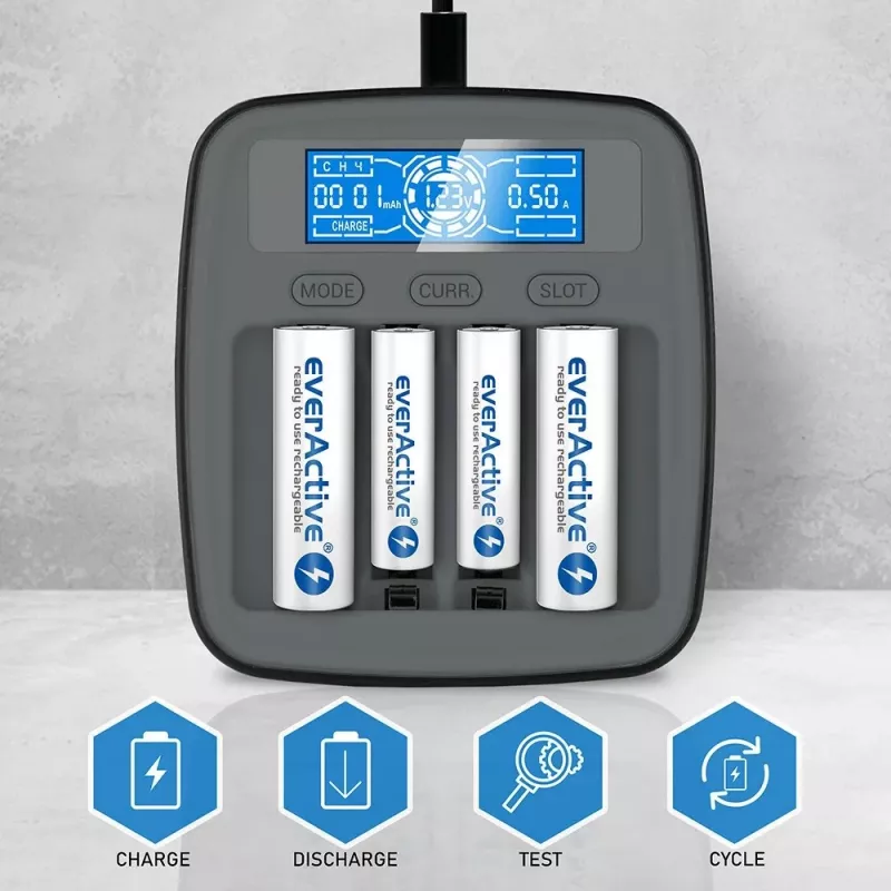 everActive NC-1000M V2 carregador de pilhas, Ni-MH, 4 ranhuras AA/AAA, USB-C, preto