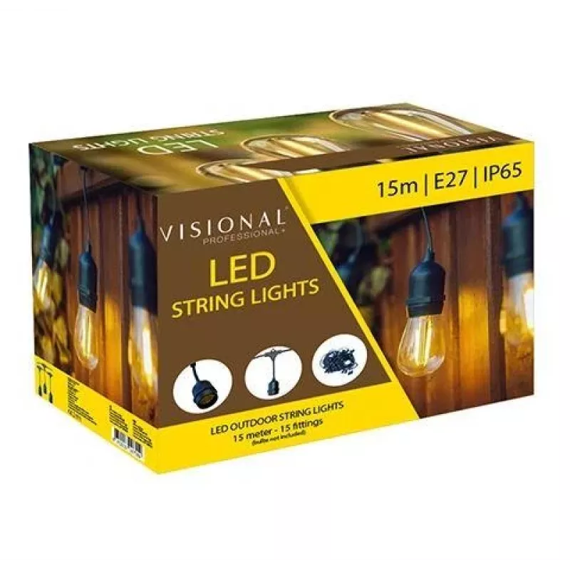 Fio de luzes de jardim LED VISIONAL com 15 casquilhos E27, 15 m de comprimento, 1 m de espaçamento, cabo preto (H05VV-F 2x0,75)