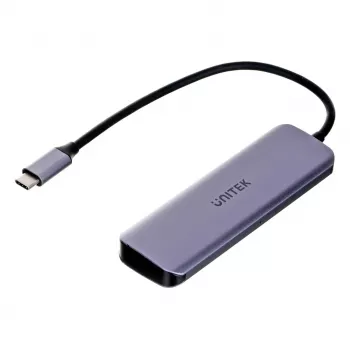 Hub USB Unitek P5+ — 5 portas (4 × USB 3.2 Gen 2 Type-A), host USB 3.2 Gen 1, 5 Gbit/s, 10 W PD, alumínio, cinzento