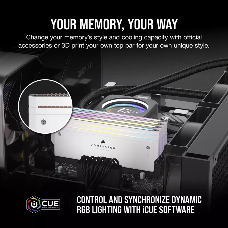 CORSAIR DOMINATOR TITANIUM RGB 96GB 2x48GB DDR5 6400MT/s DIMM Unbuffered 32-40-40-84 Std PMIC XMP 3.0 Dissipador Branco 1,4V