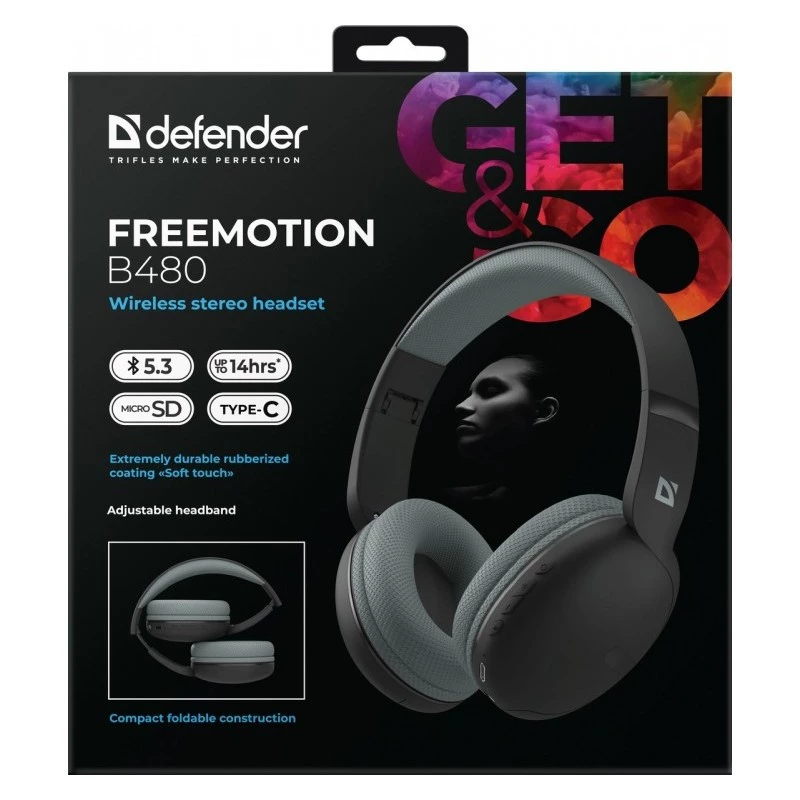 Defender FreeMotion B480 63480 auscultadores sem fios supra-auriculares, Bluetooth 5.3, USB-C, AUX, microSD, até 14 h, 20-20000 Hz, pretos