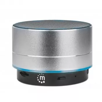 Altifalante Bluetooth Manhattan Metallic, resistente a salpicos, alcance 10 m, leitor de cartões microSD, ligação Aux 3,5 mm, cabo de carregamento USB-A incluído (carregamento 5V), prateado, três anos de garantia