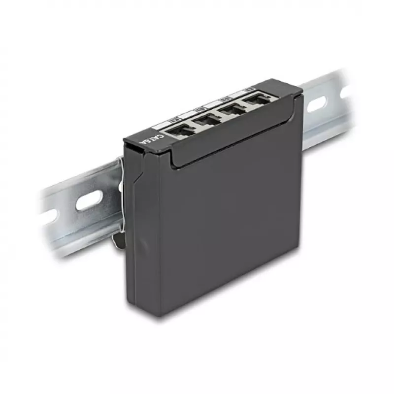 Patch panel DELOCK Mini Desktop RJ45 4 portas Cat.6A blindado preto, metal, 90×22×93 mm