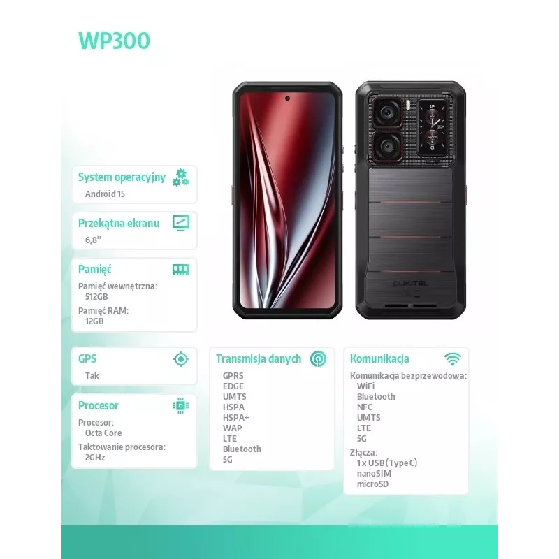 Smartphone Oukitel WP300 5G, 6,8 polegadas, 12 GB de RAM, 512 GB, 16000 mAh, IP69K, Android 15, preto