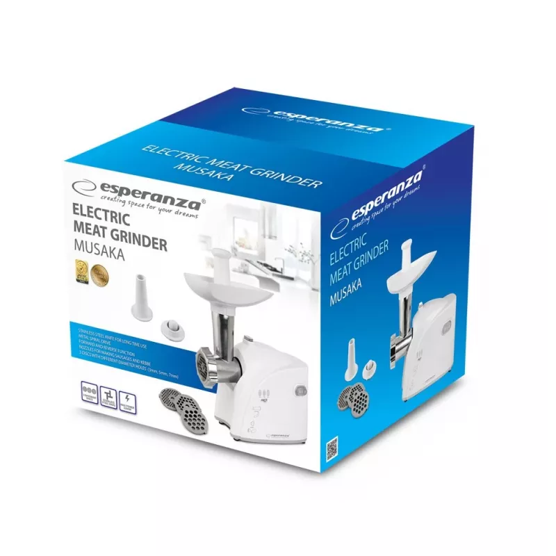 Picadora de carne elétrica ESPERANZA EKM032 — 2200 W, branco, 3 discos perfurados, acessórios kebbe e para salsichas