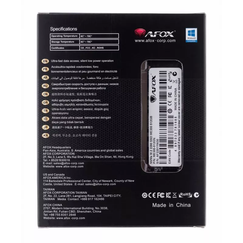 AFOX ME300-512GN unidade SSD M.2 2280 512 GB PCIe 3.0 NVMe TLC