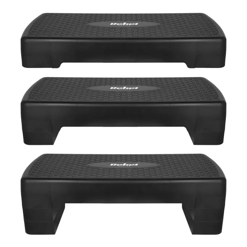 Plataforma de step Rebel Fitness – 3 níveis de altura, polipropileno, superfície antiderrapante, 680×280 mm