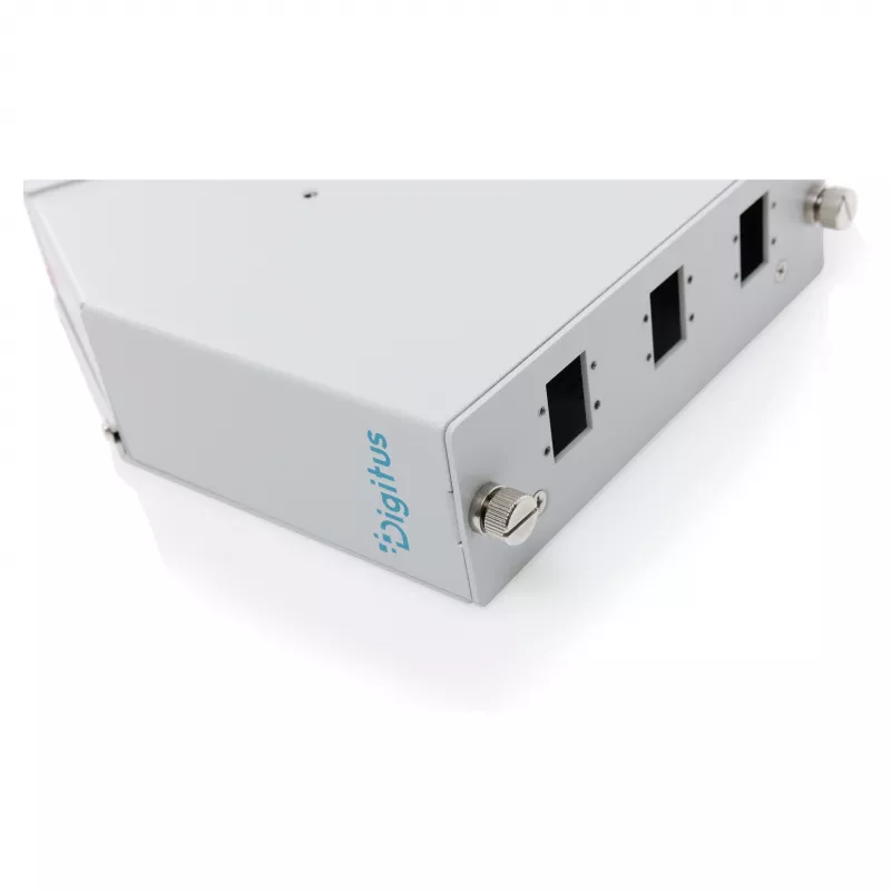Distribuidor de fusão de fibra ótica para calha DIN DIGITUS DN-96894 — angular, 6 SC SX / LC DX, alumínio, cinzento