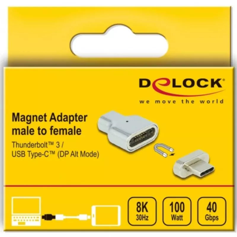 DeLOCK - Adaptador Thunderbolt / USB-C - USB-C (macho) magnético para USB-C (fêmea) - USB 3.2 Gen 2 / Thunderbolt 3 4,5 A - Suporte 8K - Prateado (66433)
