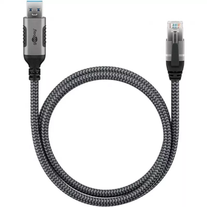 Cabo Ethernet USB-A 3.2 Gen1 macho > RJ-45 macho, adaptador LAN preto/prateado, 10 metros, revestimento têxtil entrançado