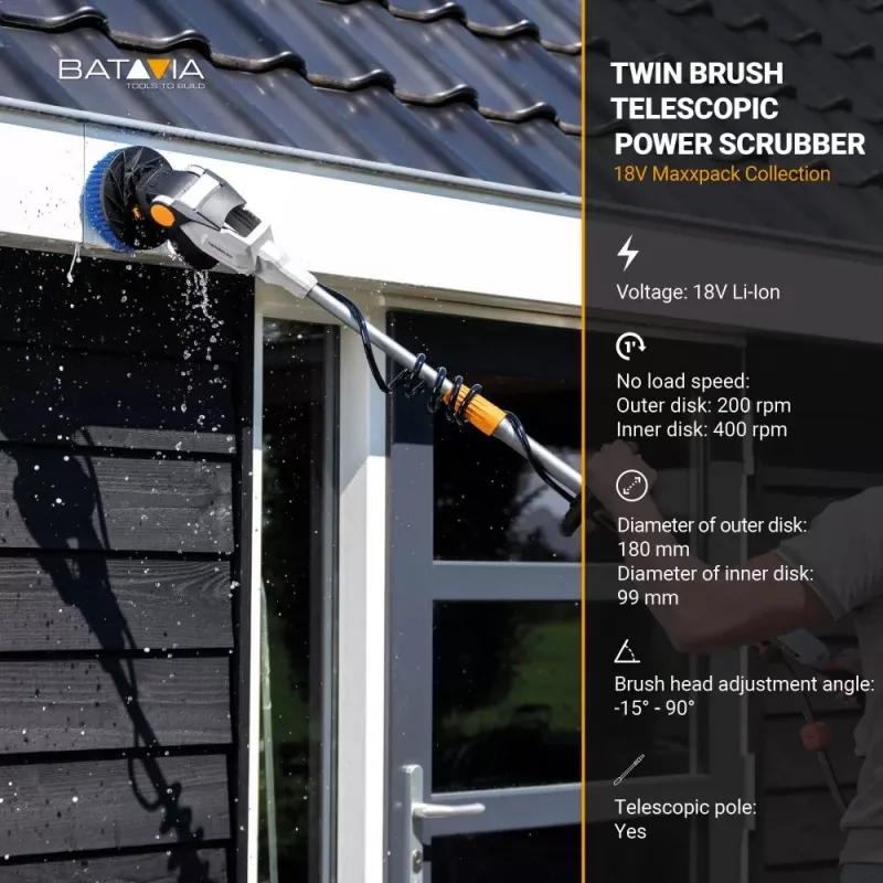 Batavia B.V. | 18V Twin Brush - sistema de escovas a bateria com motor sem escovas e haste telescópica, sem bateria e carregador | IPX7