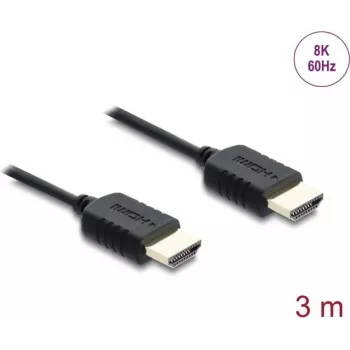 Cabo HDMI DELOCK 81683 — 3 m, conector macho HDMI tipo A para macho, 48 Gbit/s, até 7680×4320, contactos dourados, preto