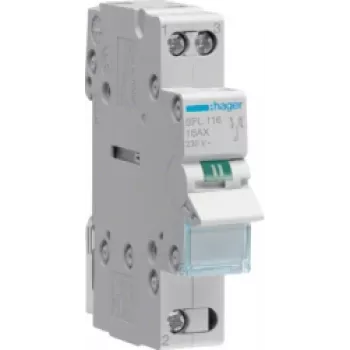 Hager SFL116. Cor do produto: branco. Tensão de entrada AC: 230 V, frequência de entrada AC: 50.60 Hz, corrente nominal de saída: 16 A. Largura: 17,5 mm, profundidade: 68 mm