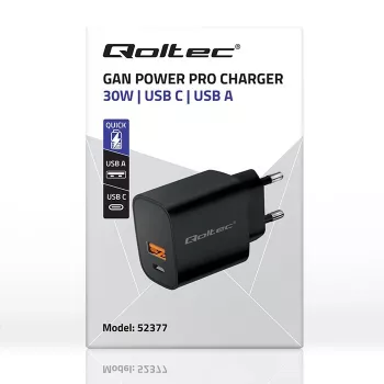 Fonte de alimentação QOLTEC 52377 GaN 30W saída 5–20V para dispositivos portáteis