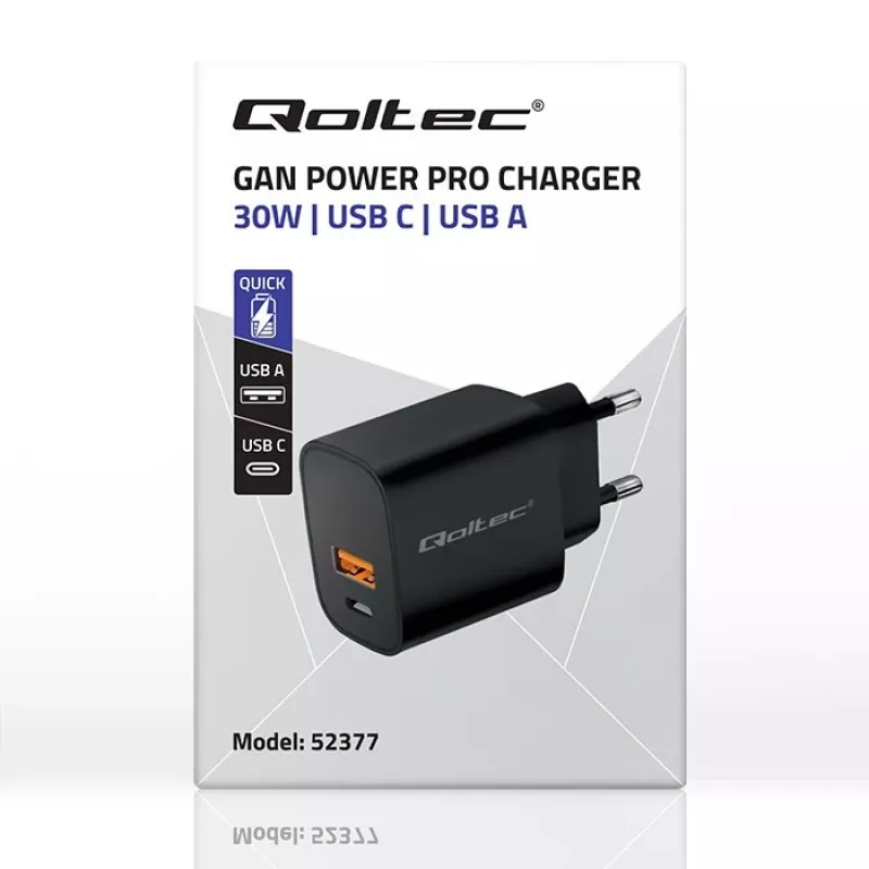 Fonte de alimentação QOLTEC 52377 GaN 30W saída 5–20V para dispositivos portáteis