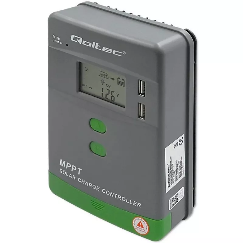Qoltec, controlador de carga solar MPPT com sensor de temperatura 20A 12V/24V visor LCD 2 X USB