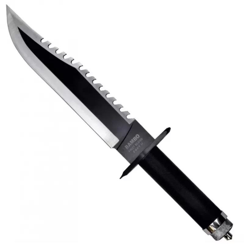 Faca de sobrevivência de lâmina fixa Cinema Classic CC-H2 — 400 mm de comprimento total, lâmina de aço 250 mm, lisa e serrada, punho preto, inclui bainha de couro