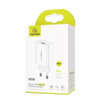 Carregador usams T22 18W QC 3.0 com cabo USB-C — carregador rápido 18W, Quick Charge 3.0