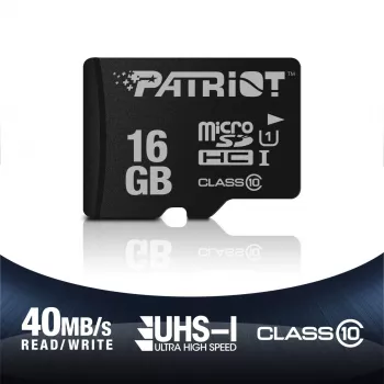 Cartão de memória microSDHC PATRIOT PSF16GMDC10 — 16 GB, Class 10, UHS-I (U1), 80 MB/s, preto